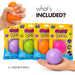 Four Play Hub Squishy Balls shown in their retail packaging, with two hands holding the squeeze balls. Text on the image reads 'what's INCLUDED?' and '4 x SQUISHY BALLS'.