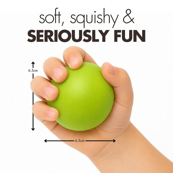 A hand holding a bright green, soft, squishy stress ball with text overlays indicating its dimensions are 6.5cm by 6cm.