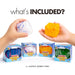 A promotional product image showing four boxed squishy marble cubes on a white background, with two hands holding one marble cube each. Large text at the top reads 'what's INCLUDED?' and small text at the bottom says '4 x SQUISHY MARBLE CUBES.