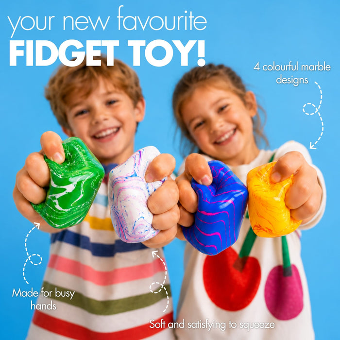 Two children smiling and holding four colorful marble fidget toys against a bright blue background, with promotional text highlighting the toys' features.