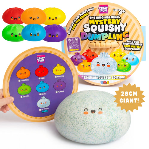 Crazy Fun Mystery Squishy Dumpling toy set with a large glittery squishy dumpling in the foreground, a round wooden tray showing colorful dumpling options, a colorful product box, and a hand holding the tray. Text highlights '28CM GIANT!' and 'The Original Viral Squishy Dumpling!'.