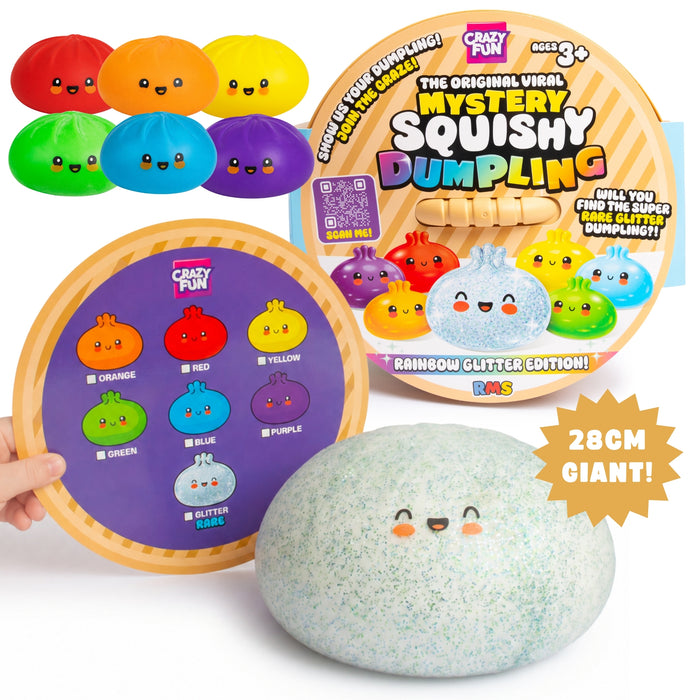 Crazy Fun Mystery Squishy Dumpling toy set with a large glittery squishy dumpling in the foreground, a round wooden tray showing colorful dumpling options, a colorful product box, and a hand holding the tray. Text highlights '28CM GIANT!' and 'The Original Viral Squishy Dumpling!'.