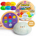 Crazy Fun Mystery Squishy Dumpling toy set with a large glittery squishy dumpling in the foreground, a round wooden tray showing colorful dumpling options, a colorful product box, and a hand holding the tray. Text highlights '28CM GIANT!' and 'The Original Viral Squishy Dumpling!'.
