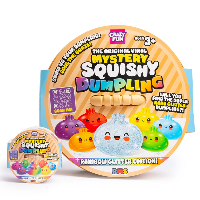 The Original Viral Mystery Squishy Dumpling Rainbow Glitter Edition toy set by Crazy Fun, featuring a large round cardboard package and a smaller matching mini squishy dumpling on a white background to show the size comparison. 