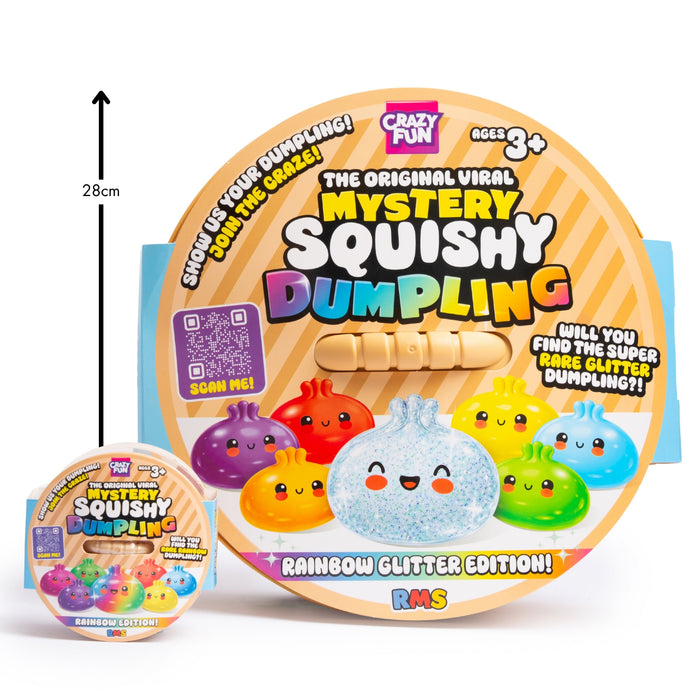 Crazy Fun Mystery Squishy Dumpling Rainbow Glitter Edition toy set shown with its round packaging and a smaller inset of the packaged product. A vertical height marker on the left indicates 28cm.