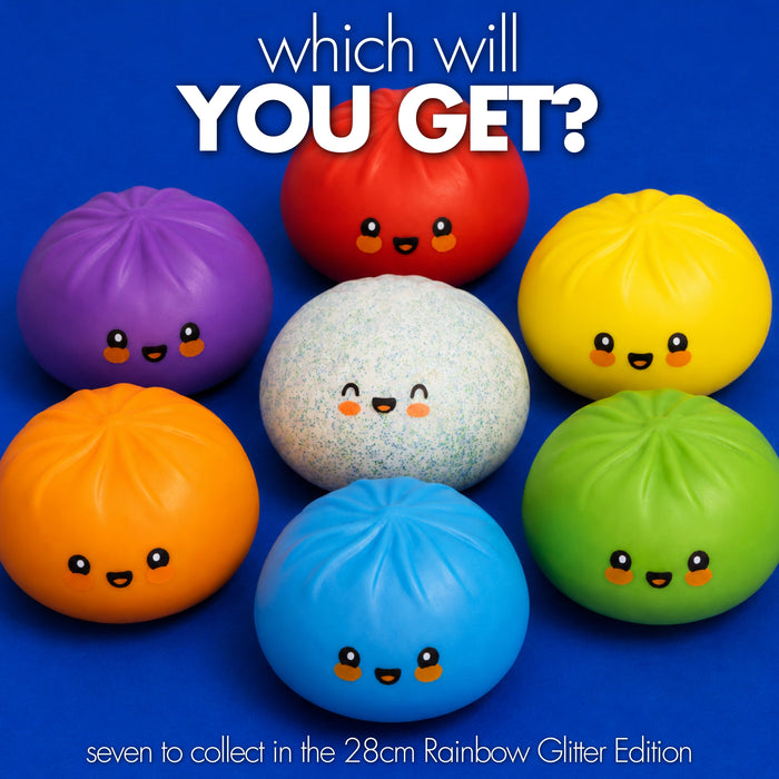 Seven colorful, kawaii-style squishy buns arranged on a bright blue background with the text 'which will YOU GET?' at the top and 'seven to collect in the 28cm Rainbow Glitter Edition' at the bottom.