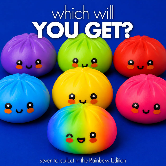 Seven cute, kawaii-style squishy buns in various colors, including purple, green, red, blue, yellow, and rainbow, arranged on a solid blue background with the text 'which will YOU GET?' and 'seven to collect in the Rainbow Edition' at the bottom. Rainbow is the rare edition.
