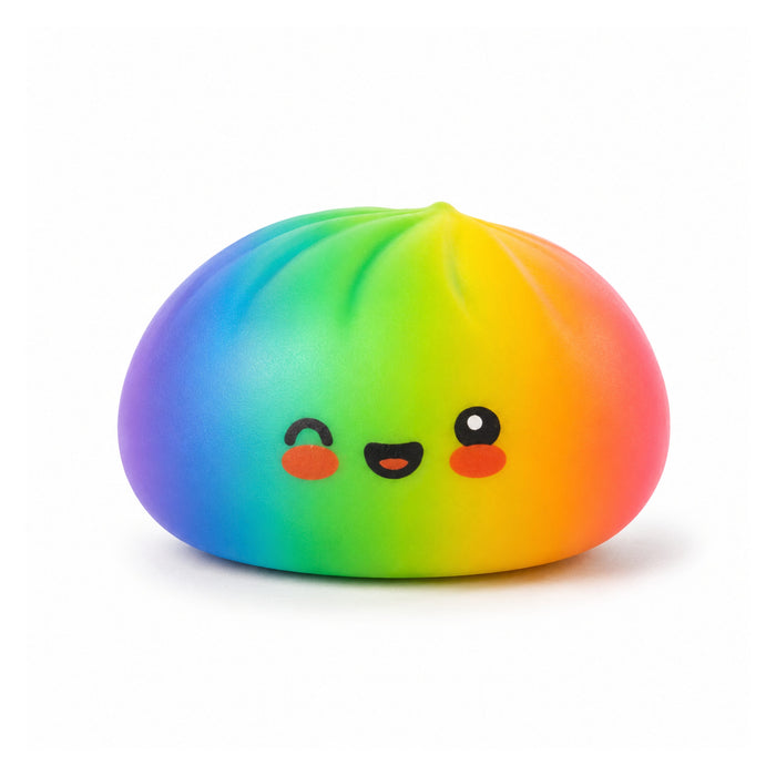 A cute, rainbow-colored squishy toy shaped like a dumpling with a smiling face, shown on a clean white background.