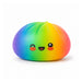A cute, rainbow-colored squishy toy shaped like a dumpling with a smiling face, shown on a clean white background.