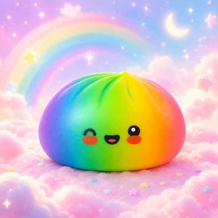 A cute, round rainbow-colored character toy with a smiling face, resting on fluffy pink clouds with a pastel rainbow and stars in the background.