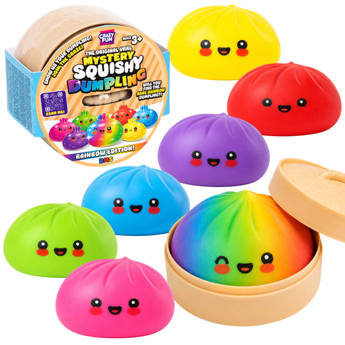 Rainbow edition mystery squishy dumpling toy set, showing multiple colorful dumpling shapes with cute faces alongside the open packaging and lid on a white background.