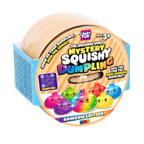 Crazy Fun Mystery Squishy Dumpling Rainbow Edition toy in its retail packaging, featuring a beige squishy dumpling inside a circular cardboard container with colorful cartoon graphics.