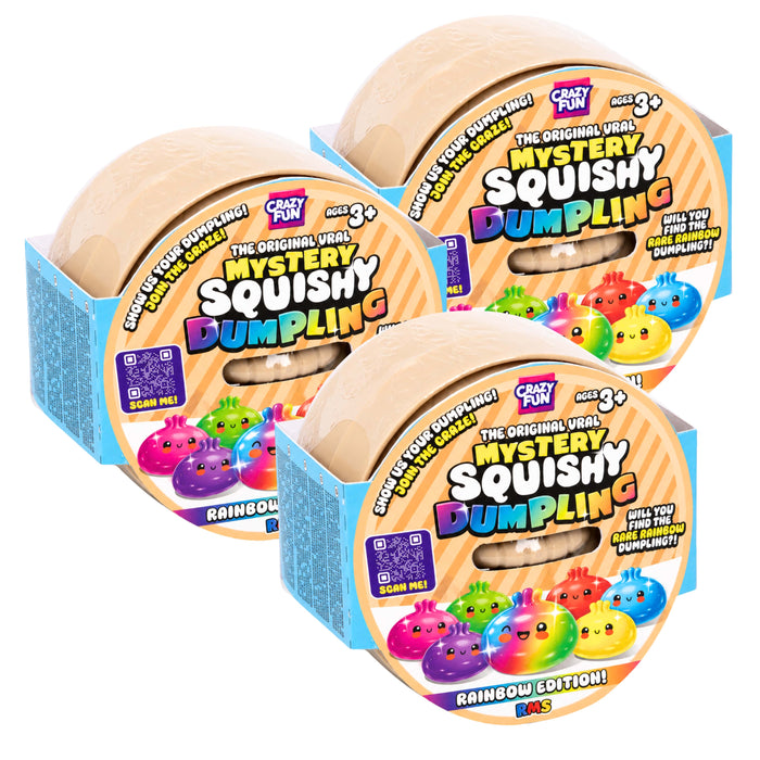 Three packages of Crazy Fun Mystery Squishy Dumpling Rainbow Edition, arranged in a triangular formation on a solid white background.