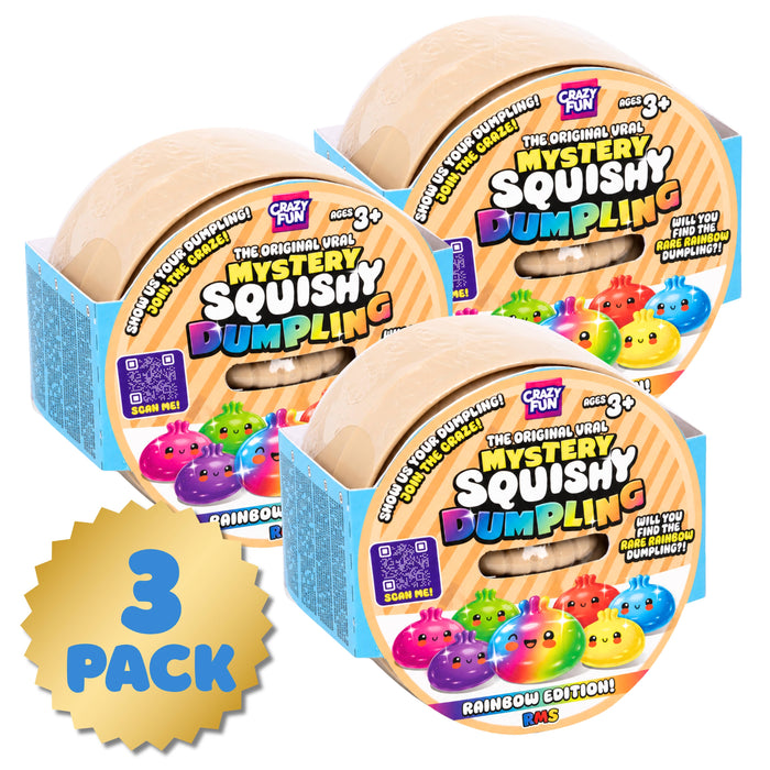 Three Crazy Fun Mystery Squishy Dumpling rainbow edition toy balls in their original blue and orange packaging, arranged together with a gold '3 PACK' badge overlay on the bottom left.