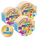 Three Crazy Fun Mystery Squishy Dumpling rainbow edition toy balls in their original blue and orange packaging, arranged together with a gold '3 PACK' badge overlay on the bottom left.
