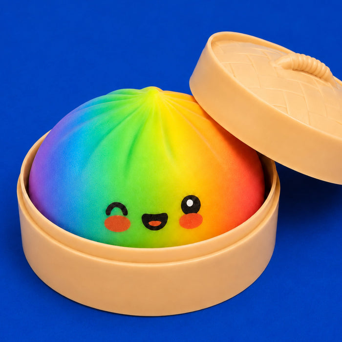 A cute, smiling steamed bun toy with a vibrant rainbow gradient, nestled inside a beige plastic steamer basket with its lid propped open against a solid blue background.