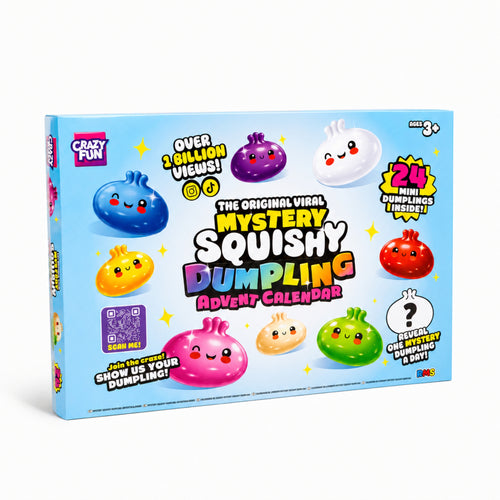The Original Viral Mystery Squishy Dumpling Advent Calendar box by Crazy Fun, featuring a light blue background with colourful cartoon dumpling characters and promotional text. Contains 24 mini dumplings.