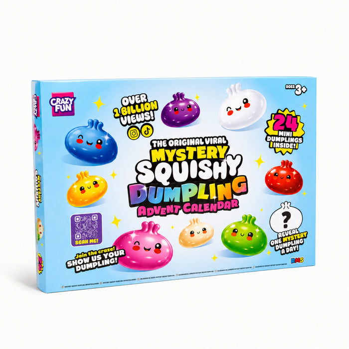 The Original Viral Mystery Squishy Dumpling Advent Calendar box by Crazy Fun, featuring a light blue background with colourful cartoon dumpling characters and promotional text. Contains 24 mini dumplings.