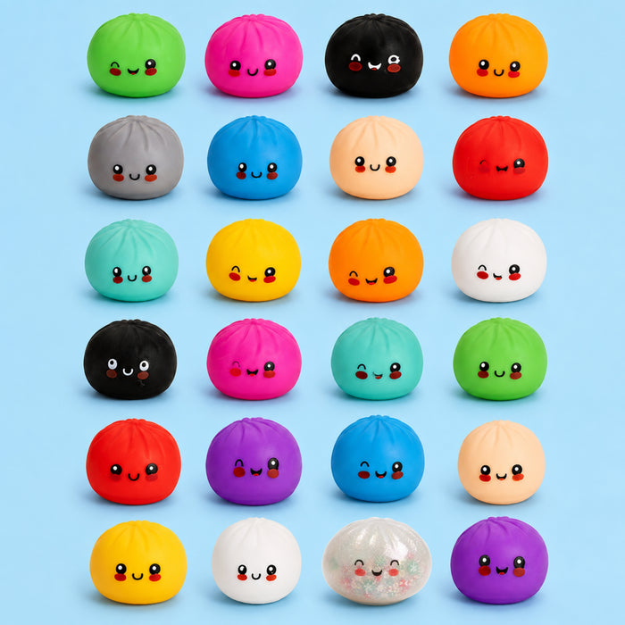 Twenty-four cute kawaii bun-shaped squishy toys arranged in a grid on a light blue background. The buns come in many colors including green, pink, black, orange, gray, blue, beige, red, teal, yellow, purple, and a clear glitter one. Will you receive a special glitter dumpling?