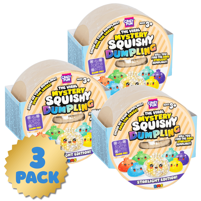 Three packages of Mystery Squishy Dumpling toys with colorful packaging on a white background.
