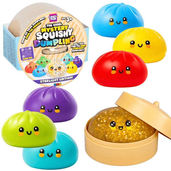 A set of colorful squishy dumpling toys with cute cartoon faces, shown both sealed in their branded retail box and unpackaged. The packaging reads 'The Weird Mystery Squishy Dumpling Starlight Edition!' and shows multiple dumpling colors.