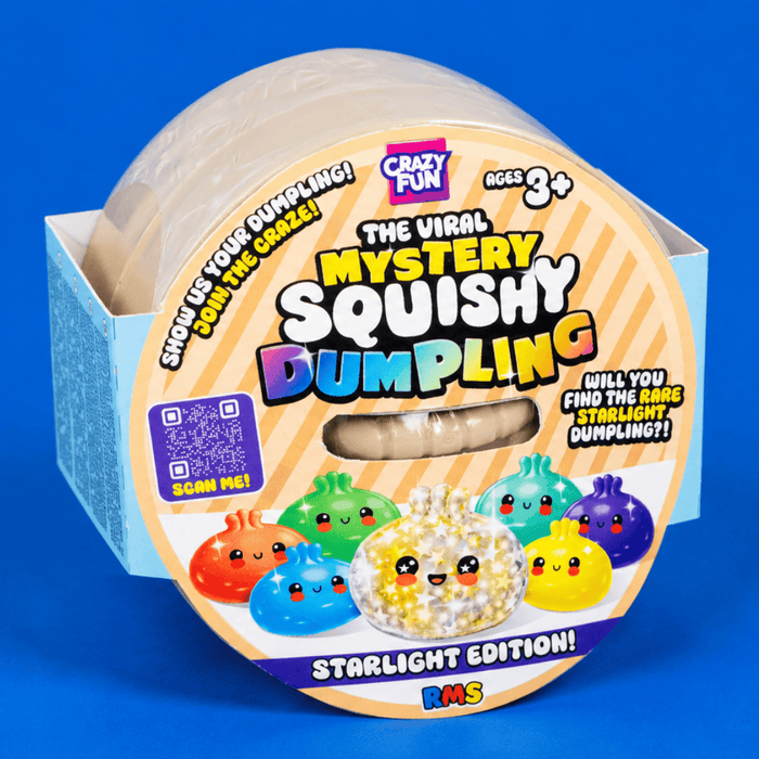 The Viral Mystery Squishy Dumpling Starlight Edition toy by Crazy Fun, shown in its light blue and orange cardboard packaging against a solid blue background.