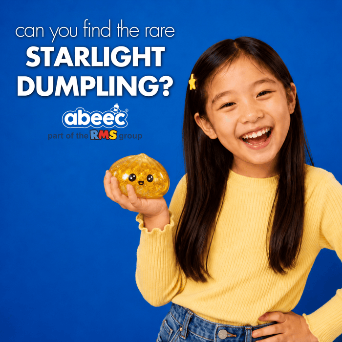 A smiling young girl in a yellow sweater holds a small, round, star-shaped dumpling against a bright blue background with promotional text reading 'can you find the rare STARLIGHT DUMPLING?' and the abeec logo.