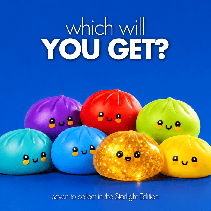 A promotional graphic with the text 'which will YOU GET?' over a group of cute, kawaii-style squishy buns in multiple colors. The set includes purple, red, green, teal, blue, glittery gold, and yellow squishies, with the text 'seven to collect in the Starlight Edition' at the bottom on a solid blue background.