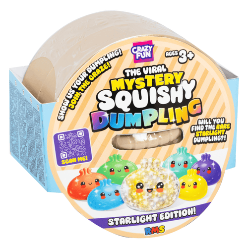 Mystery Squishy Dumpling toy packaging with colorful dumplings on a white background