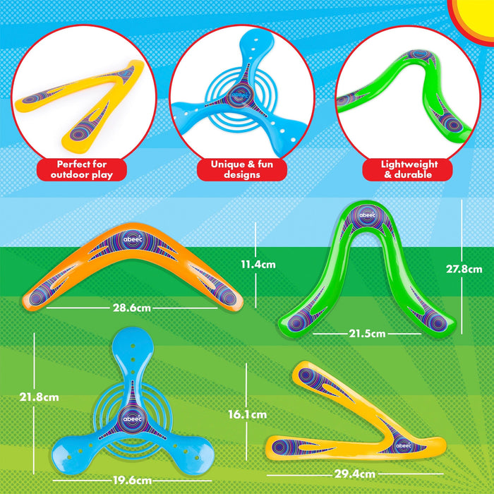 4 x Colourful abeec boomerangs with dimensions and features on a blue and green background