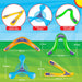 4 x Colourful abeec boomerangs with dimensions and features on a blue and green background