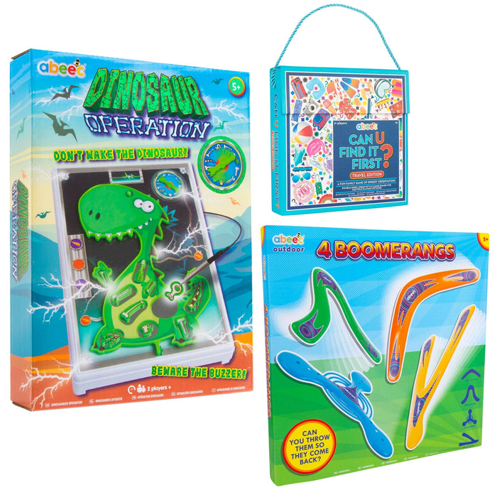 abeec Boys Birthday Gift Bundle showing Dino Operation game, boomerangs and travel game