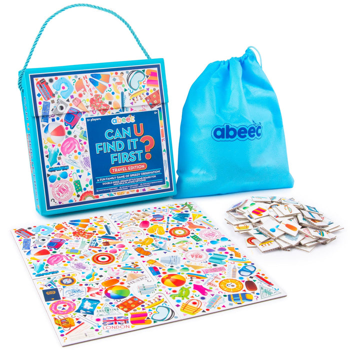 abeec can u find it first travel board game set with packaging, pieces, and drawstring bag on a white background