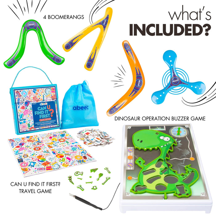 Flat lay of Dino Operation, four boomerangs and Can U Find It travel game