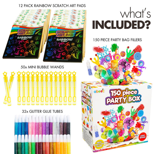 Product bundle including 12-pack rainbow scratch art pads, 150-piece party box, 50 x mini bubble wands, and 32 x glitter glue tubes.
