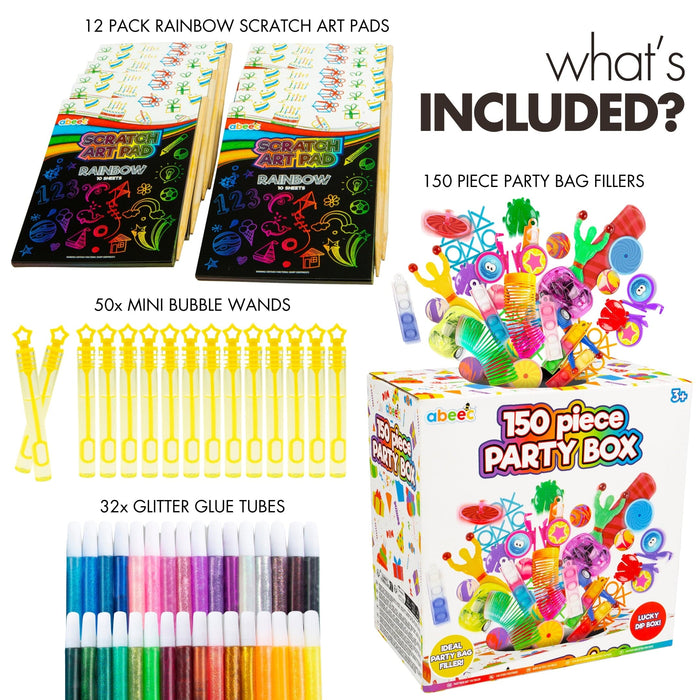 Product bundle including 12-pack rainbow scratch art pads, 150-piece party box, 50 x mini bubble wands, and 32 x glitter glue tubes.
