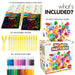 Product bundle including 12-pack rainbow scratch art pads, 150-piece party box, 50 x mini bubble wands, and 32 x glitter glue tubes.