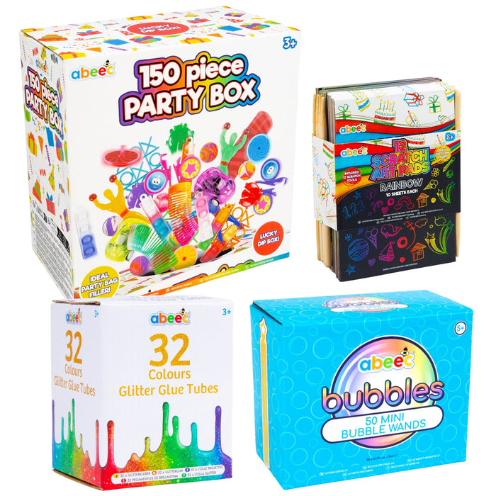 abeec Party Bag Bundle showing 150pc party box, scratch art pads, glitter glues and mini bubble wands