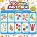 150 piece party box contents - contains flying disc shooters, mini noughts and crosses, pull back cars, bouncy balls, mini rainbow springs, wall climbers, fidget toys, jumping bugs, spinning tops, snap bands - 15 of each item. 