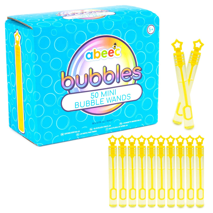Box of abeec bubbles with 50 mini bubble wands on a white background