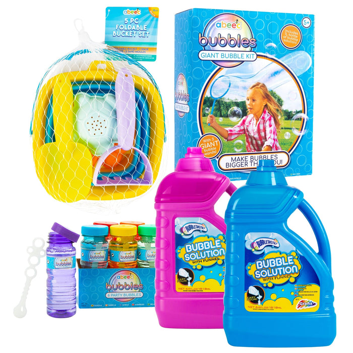 abeec Summer Bubble Bundle showing bubble solution bottles, giant bubble kit, bucket set and bubble wands