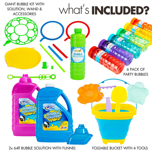 What's Included? Giant bubble kit with solution, wand, accessories, and party bubbles, foldable beach bucket on a white background.