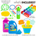 What's Included? Giant bubble kit with solution, wand, accessories, and party bubbles, foldable beach bucket on a white background.