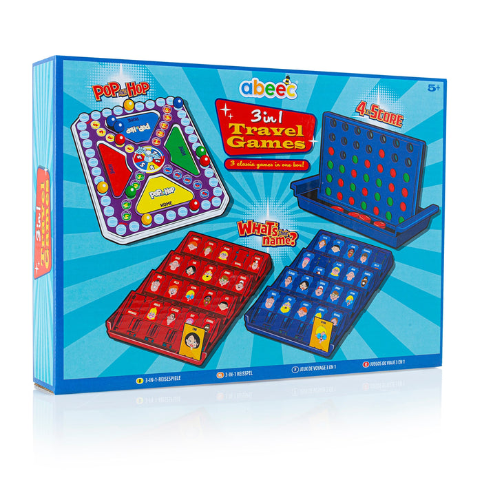 Box of abeec 3-in-1 travel games with colourful game boards on a blue background