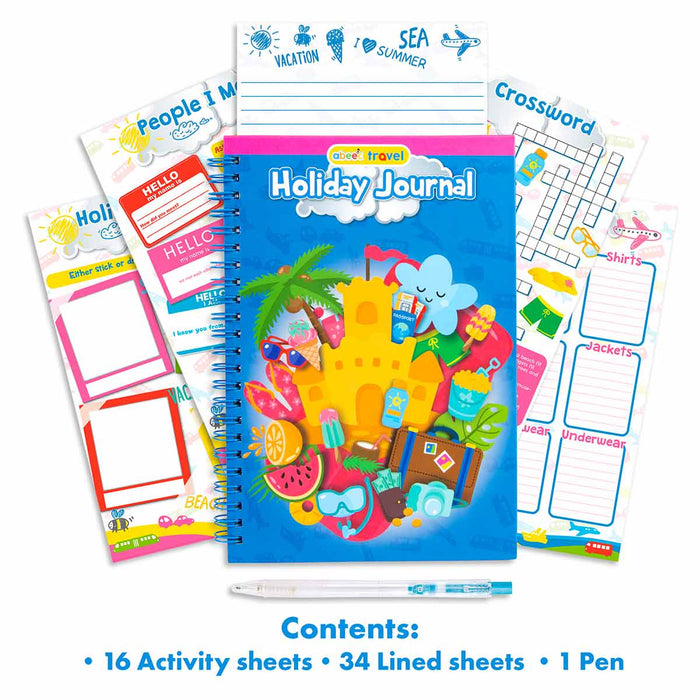 Holiday Journal with colorful design, activity sheets, lined sheets, and a pen on a white background.