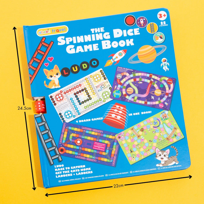 Spinning Dice Game Book with dimensions on a yellow background