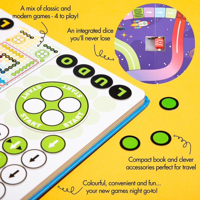 Children's educational game travel book with spinning dice in the middle of book