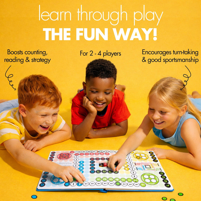 Three children playing with a travel board game on a yellow background, with text about learning through play.