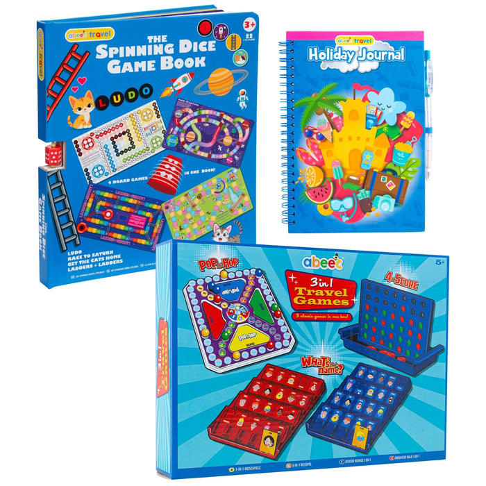 abeec Travel and Holiday Bundle showing travel games, holiday journal and spinning game book