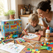 A happy child aged 4-5 and their parent at a wooden kitchen table, sharing a creative moment. The child is drawing in their 'abeec A4 Drawing Pad' using one of the 'abeec 100 felt tip pens' and 'abeec 144 crayons' scattered across the table. The large, blue 'abeec The GIANT Craft Box' (with its multi-product grid visible) is open beside them. A bottle of 'abeec 500ml White Craft Glue' stands among other craft supplies including googly eyes, sequins, pom-poms, pipe cleaners, colorful paper shapes, and plasti